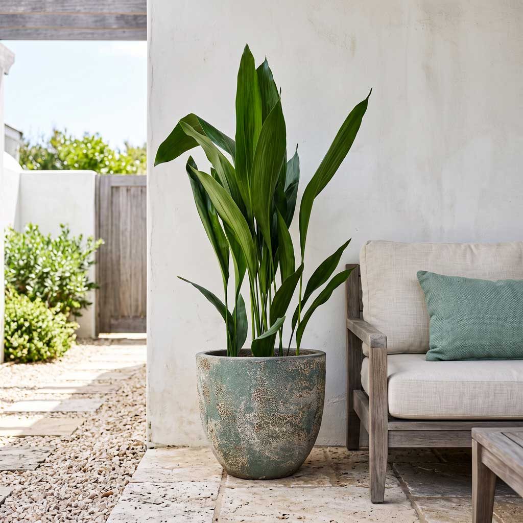 A cast iron plant in a gray planter in a hallway